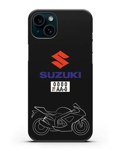 Чехол с изображением спортивного мотоцикла Suzuki с номерным знаком силиконовый для iPhone 15 Plus