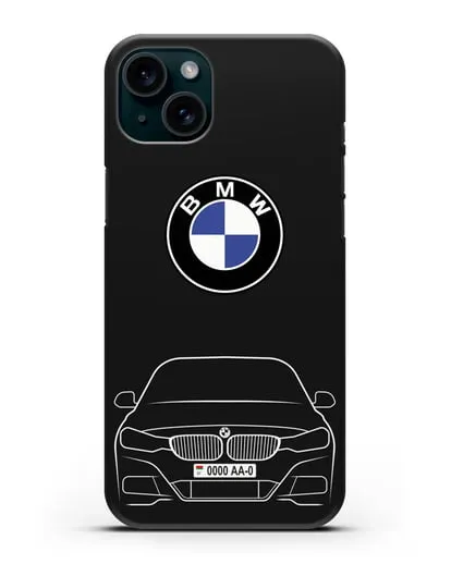 Чехол BMW 3 с автомобильным номером силиконовый для iPhone 15 Plus