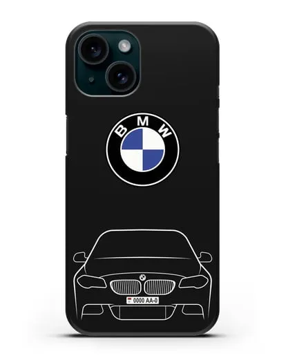 Чехол BMW 5 с автомобильным номером силиконовый для iPhone 15