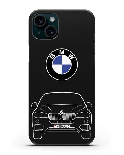 Чехол BMW X6 с автомобильным номером силиконовый для iPhone 15 Plus