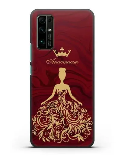 Именной чехол с иллюстрацией принцессы и короной красный мрамор силиконовый для Honor 30