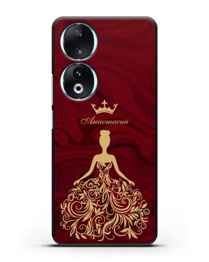 Именной чехол с иллюстрацией принцессы и короной красный мрамор силиконовый для Honor 90