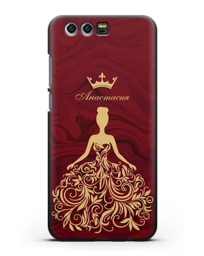Именной чехол с иллюстрацией принцессы и короной красный мрамор силиконовый для Honor 9