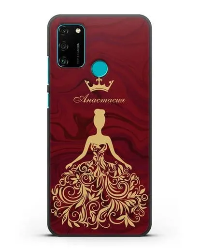 Именной чехол с иллюстрацией принцессы и короной красный мрамор силиконовый для Honor 9A