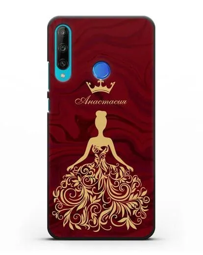 Именной чехол с иллюстрацией принцессы и короной красный мрамор силиконовый для Honor 9C