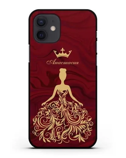 Именной чехол с иллюстрацией принцессы и короной красный мрамор силиконовый для iPhone 12