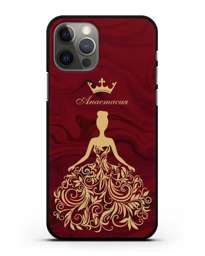 Именной чехол с иллюстрацией принцессы и короной красный мрамор силиконовый для iPhone 12 Pro