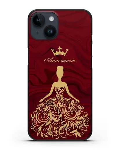 Именной чехол с иллюстрацией принцессы и короной красный мрамор силиконовый для iPhone 14