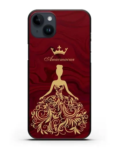 Именной чехол с иллюстрацией принцессы и короной красный мрамор силиконовый для iPhone 14 Plus