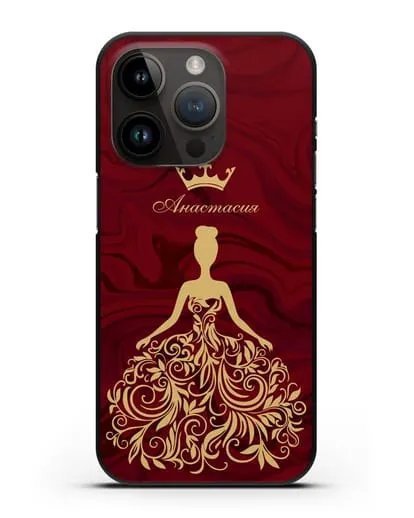 Именной чехол с иллюстрацией принцессы и короной красный мрамор силиконовый для iPhone 14 Pro