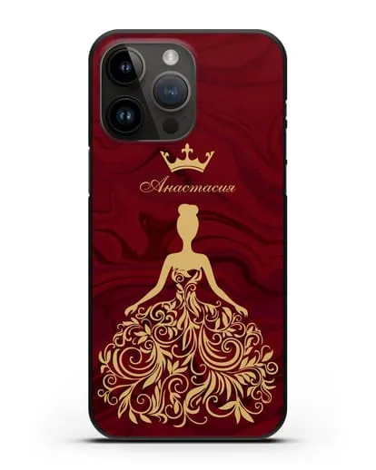 Именной чехол с иллюстрацией принцессы и короной красный мрамор силиконовый для iPhone 14 Pro Max