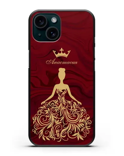 Именной чехол с иллюстрацией принцессы и короной красный мрамор силиконовый для iPhone 15