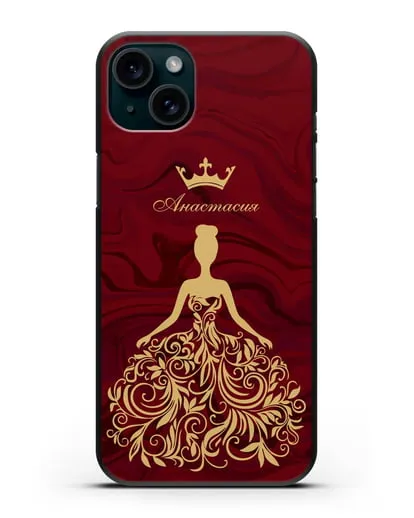 Именной чехол с иллюстрацией принцессы и короной красный мрамор силиконовый для iPhone 15 Plus