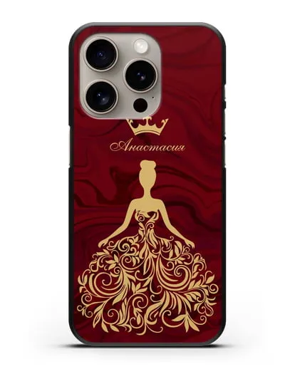 Именной чехол с иллюстрацией принцессы и короной красный мрамор силиконовый для iPhone 15 Pro