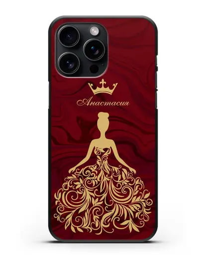 Именной чехол с иллюстрацией принцессы и короной красный мрамор силиконовый для iPhone 15 Pro Max