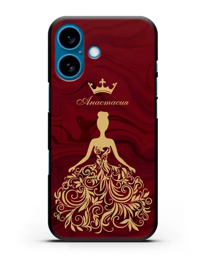 Именной чехол с иллюстрацией принцессы и короной красный мрамор силиконовый для iPhone 16