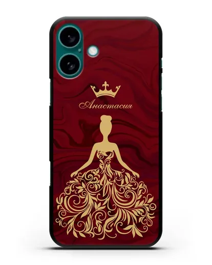 Именной чехол с иллюстрацией принцессы и короной красный мрамор силиконовый для iPhone 16 Plus
