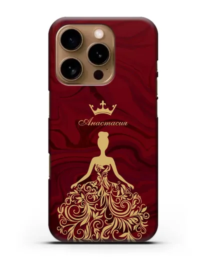 Именной чехол с иллюстрацией принцессы и короной красный мрамор силиконовый для iPhone 16 Pro