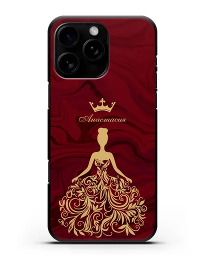 Именной чехол с иллюстрацией принцессы и короной красный мрамор силиконовый для iPhone 16 Pro Max