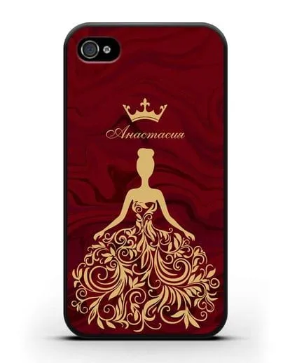 Именной чехол с иллюстрацией принцессы и короной красный мрамор силиконовый для iPhone 4/4s