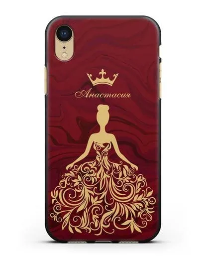 Именной чехол с иллюстрацией принцессы и короной красный мрамор силиконовый для iPhone XR