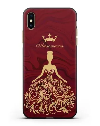 Именной чехол с иллюстрацией принцессы и короной красный мрамор силиконовый для iPhone XS Max