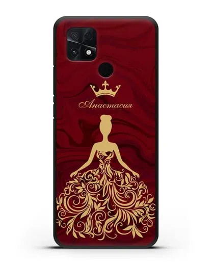 Именной чехол с иллюстрацией принцессы и короной красный мрамор силиконовый для Xiaomi Poco C40