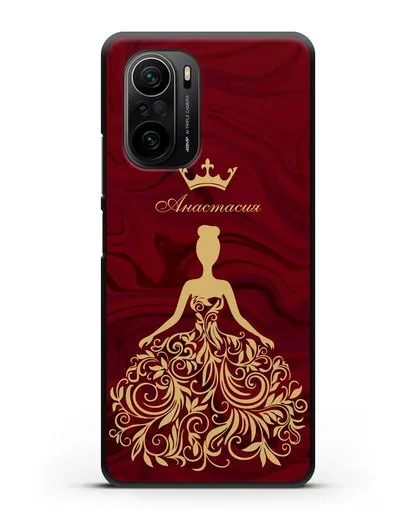 Именной чехол с иллюстрацией принцессы и короной красный мрамор силиконовый для Xiaomi Poco F3 Pro