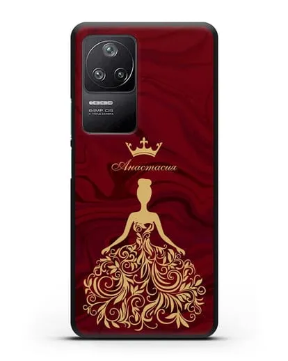 Именной чехол с иллюстрацией принцессы и короной красный мрамор силиконовый для Xiaomi Poco F4