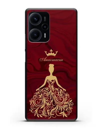 Именной чехол с иллюстрацией принцессы и короной красный мрамор силиконовый для Xiaomi Poco F5