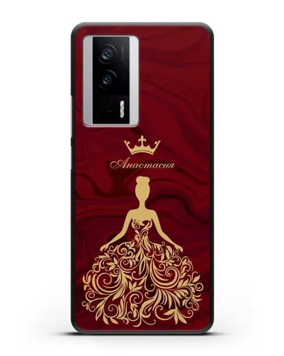Именной чехол с иллюстрацией принцессы и короной красный мрамор силиконовый для Xiaomi Poco F5 Pro