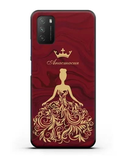 Именной чехол с иллюстрацией принцессы и короной красный мрамор силиконовый для Xiaomi Poco M3