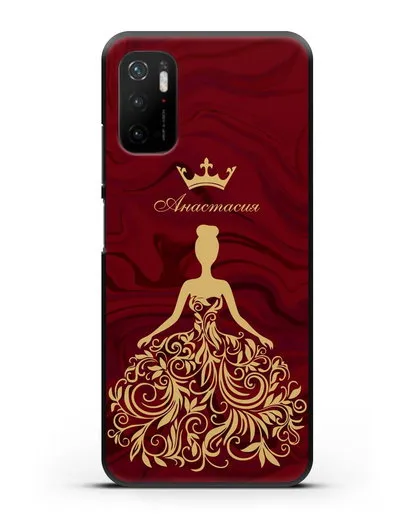 Именной чехол с иллюстрацией принцессы и короной красный мрамор силиконовый для Xiaomi Poco M3 Pro