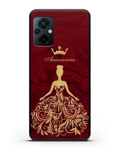 Именной чехол с иллюстрацией принцессы и короной красный мрамор силиконовый для Xiaomi Poco M5