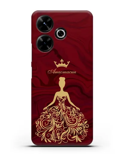 Именной чехол с иллюстрацией принцессы и короной красный мрамор силиконовый для Xiaomi Poco M6