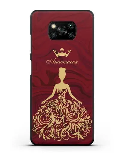 Именной чехол с иллюстрацией принцессы и короной красный мрамор силиконовый для Xiaomi Poco X3