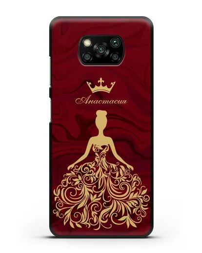 Именной чехол с иллюстрацией принцессы и короной красный мрамор силиконовый для Xiaomi Poco X3 Pro