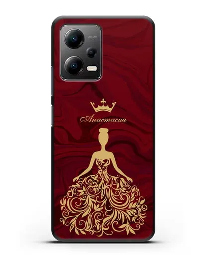 Именной чехол с иллюстрацией принцессы и короной красный мрамор силиконовый для Xiaomi Poco X5