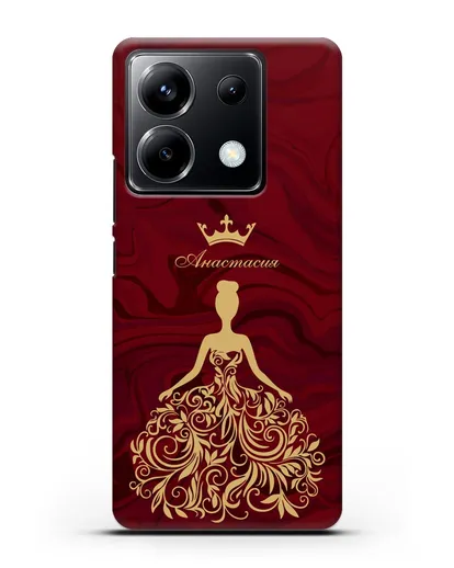 Именной чехол с иллюстрацией принцессы и короной красный мрамор силиконовый для Xiaomi Poco X6