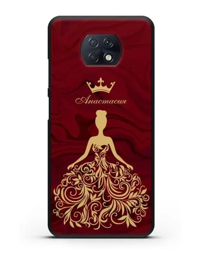 Именной чехол с иллюстрацией принцессы и короной красный мрамор силиконовый для Xiaomi Redmi Note 9T