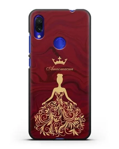 Именной чехол с иллюстрацией принцессы и короной красный мрамор силиконовый для Xiaomi Redmi Note 7