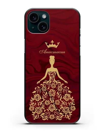 Чехол с иллюстрацией принцессы и именем красный мрамор силиконовый для iPhone 15 Plus