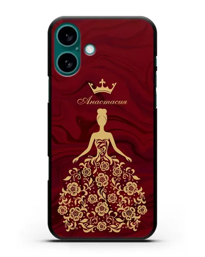 Чехол с иллюстрацией принцессы и именем красный мрамор силиконовый для iPhone 16 Plus