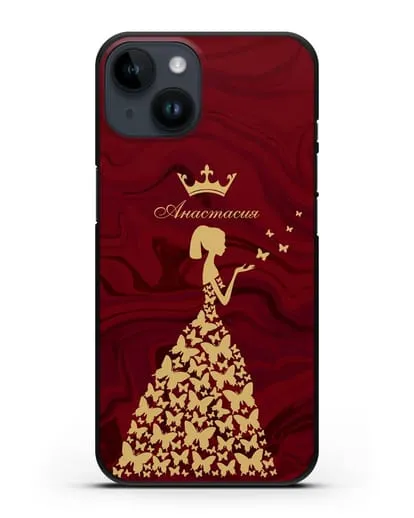 Именной чехол Принцесса и бабочки красный мрамор силиконовый для iPhone 14