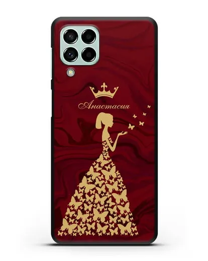 Именной чехол Принцесса и бабочки красный мрамор силиконовый для Samsung Galaxy M53 [SM-M536]