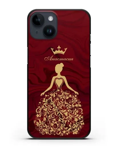 Именной чехол Принцесса с короной красный мрамор силиконовый для iPhone 14