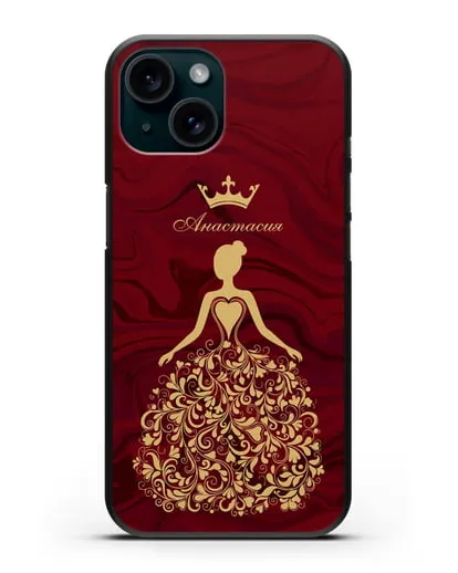Именной чехол Принцесса с короной красный мрамор силиконовый для iPhone 15