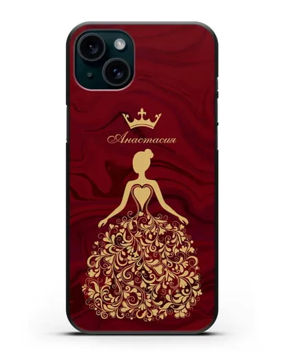 Именной чехол Принцесса с короной красный мрамор силиконовый для iPhone 15 Plus
