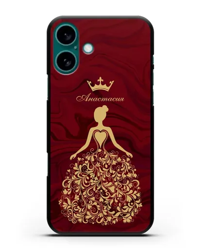 Именной чехол Принцесса с короной красный мрамор силиконовый для iPhone 16 Plus