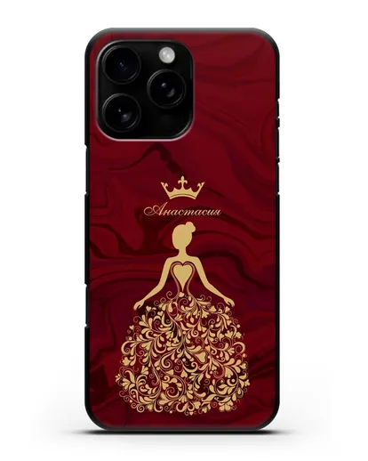 Именной чехол Принцесса с короной красный мрамор силиконовый для iPhone 16 Pro Max